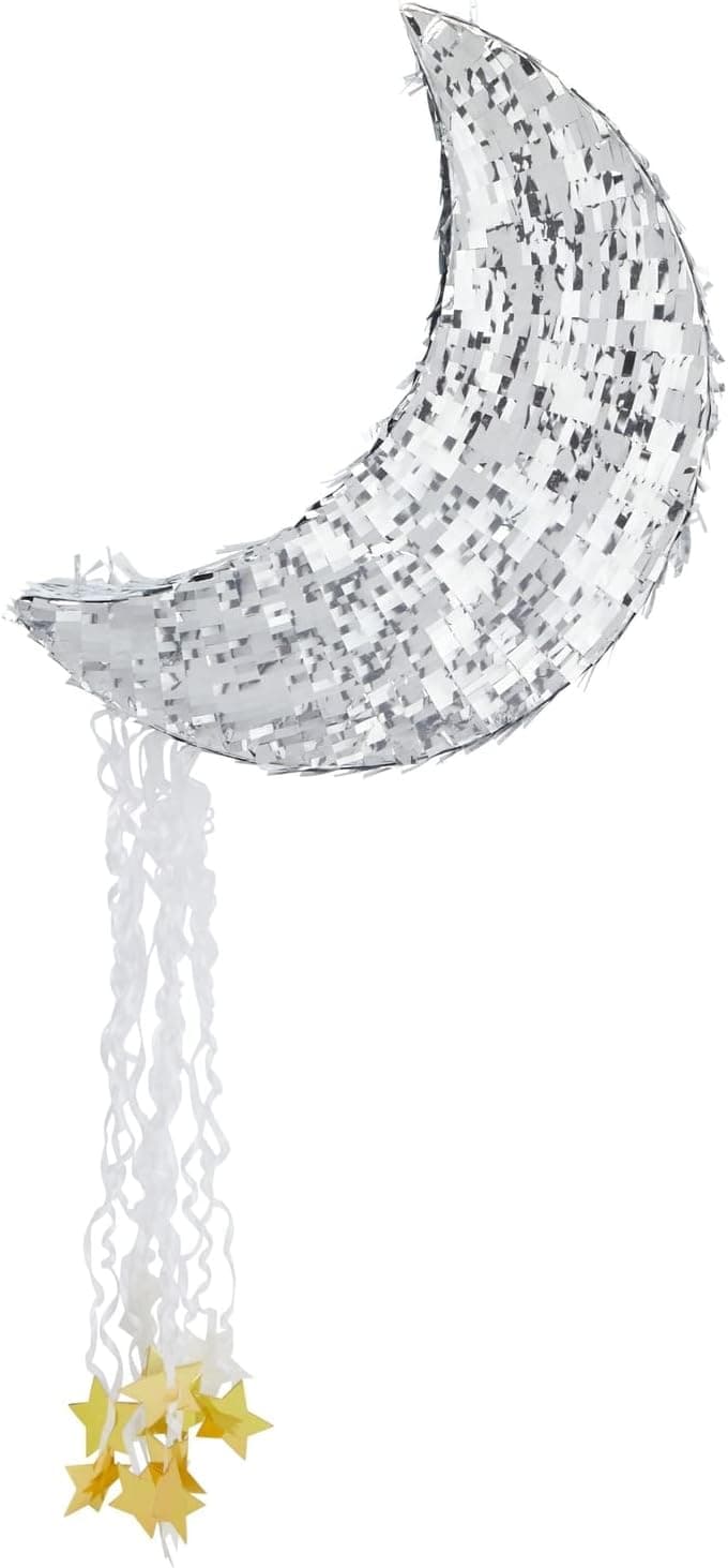 Pull String Crescent Moon Pinata for Birthday Party, Bridal Shower, Baby Shower, Twinkle Twinkle Little Star Gender Reveal Party Decorations, Silver Foil (17 x 11 x 3 In)