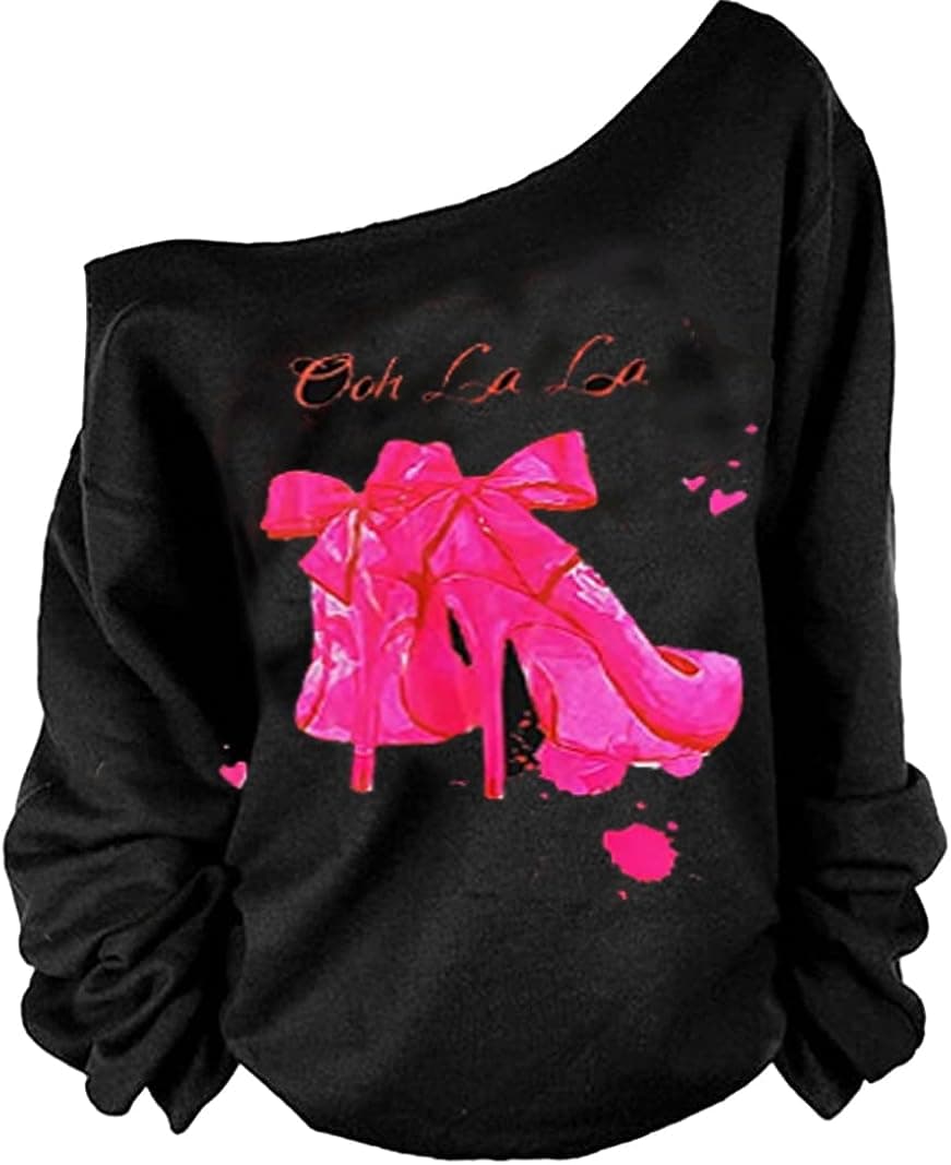 MAGICMK Woman’s Sweatershirt Lips Print Causal Blouse Off The Shoulder Long Sleeve Loose Slouchy Pullover Plus Size Tops