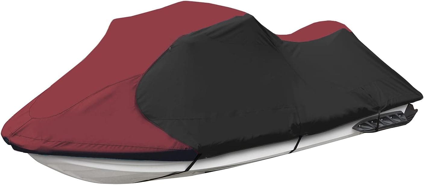 JETPRO Trailerable Jet Ski Cover, Waterproof Marine Grade 600D Heavy Duty Polyester PWC Cover Burgundy/Black Fits from 136"-145" 3 Seater