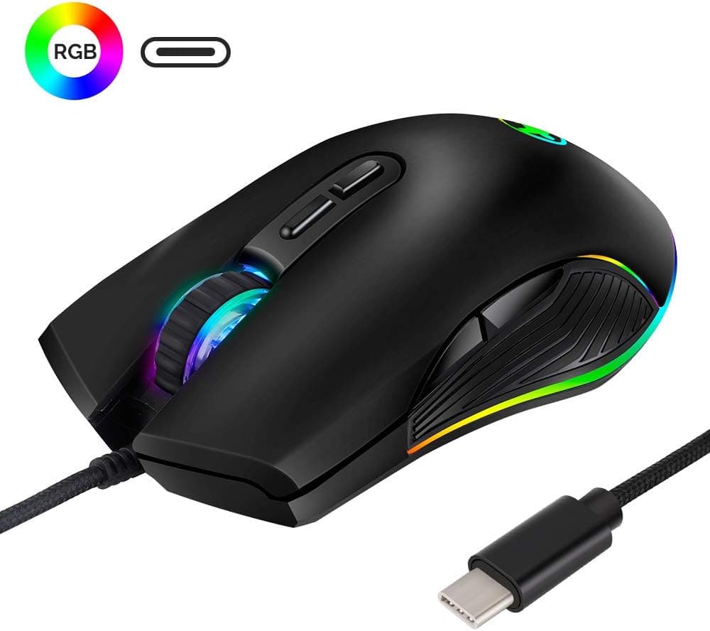 USB C Mouse, Ergonomic Mouse with 4 Backlight Modes up to 3200 DPI,RGB Wired Gaming Mouse with Type-C for Apple MacBook Pro 2017/2016, Matebook X, MacBook 12", Chromebook, HP OMEN, Windows PC