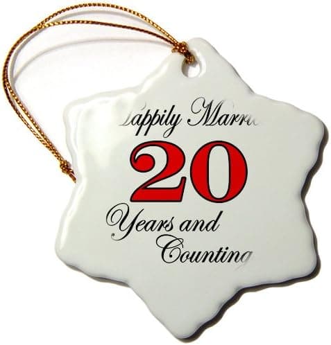 3dRose ORN_193404_1 Happily Married 20 Years & Counting Red Snowflake Porcelain Ornament, 3"
