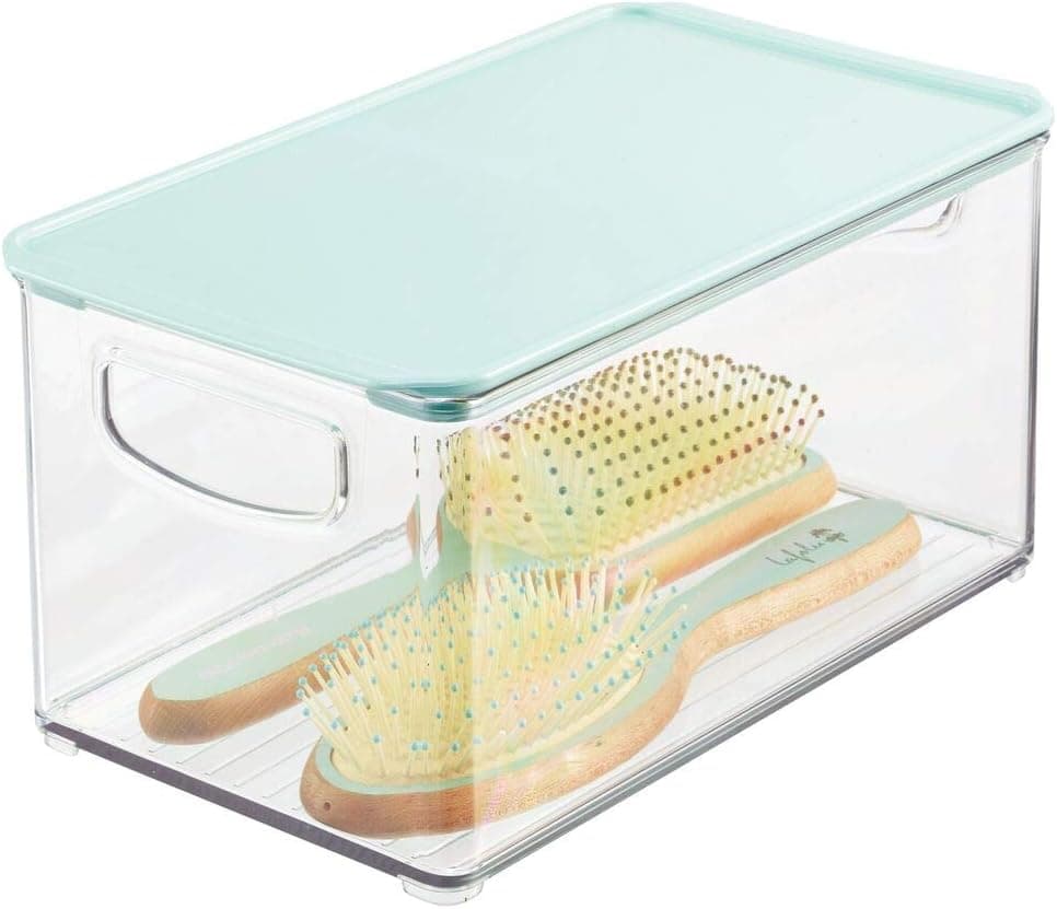 mDesign Plastic Bathroom Stackable Storage Bin Box with Handles, Lid - Holds Soap, Body Wash, Shampoo, Lotion, Conditioner, Hand Towels, Hair Accessories, Body Spray - 10" Long - Clear/Mint Green
