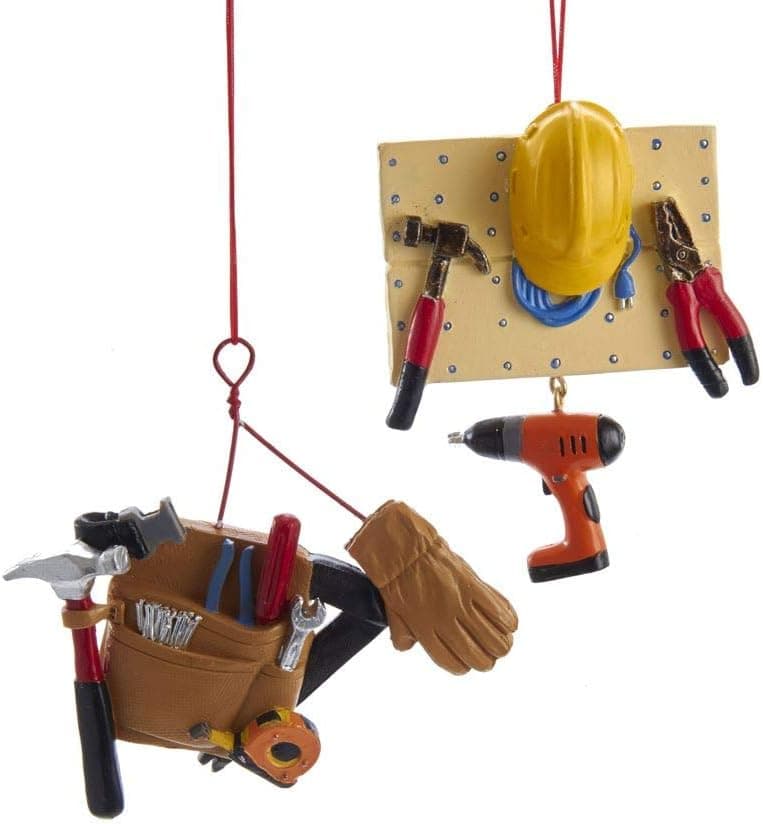 Kurt Adler J8557 4 Inch Holiday Decorative Resin Stone Handyman Tool Hanging Accessory Christmas Tree Ornament Set with String Hanger (2 Pack)