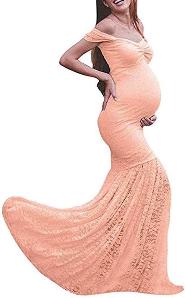 Women's Off Shoulder Ruffle Sleeves Lace Mermaid Maternity Slim Fit Gown Maxi Bridesmaid Photography Dress