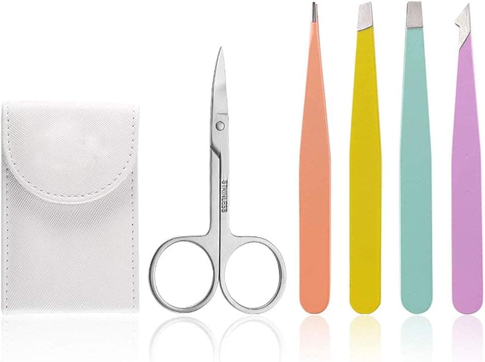 JEPOZRA Tweezers Set 5pcs-Professional Stainless Steel Tweezers with Curved Scissors, Slant, Angled and Pointed tweezers, for Eyebrows, Splinter & Ingrown Hair Removal