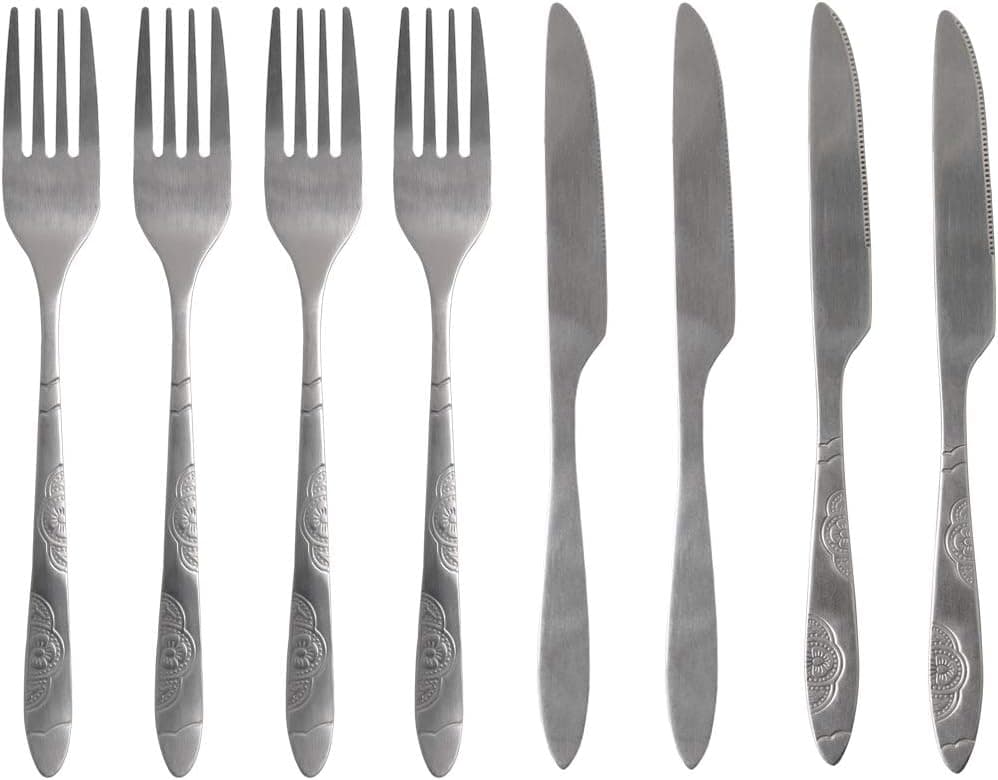 4 Set Steak Knives and Forks Set, Thicken Premium Stainless Steel, Elegant Life Tableware Cutlery Set With Butterfly Pattern, Fine Polished Prongs and Serrated Blade Tableware, Dishwasher Safe(Silver)