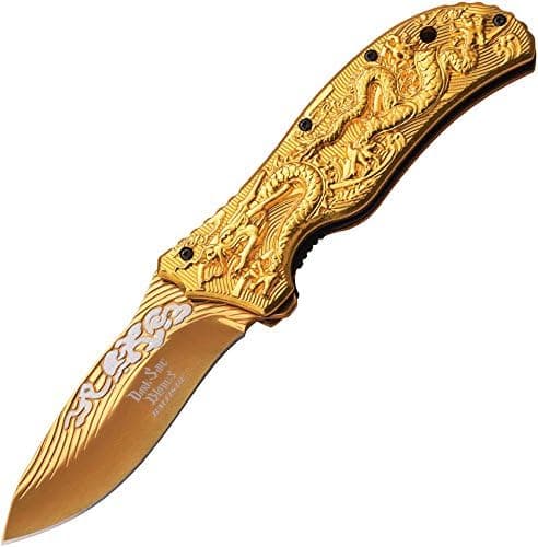 DS-A042GD-MC 4.75'' Folder, GD Graphic Blade, Gold Dragon Aluminum Handle with GD Pocket Clip Folding Knife, Gold Graphic Blade, Gold Dragon Aluminum Handle with GD, 4.75"