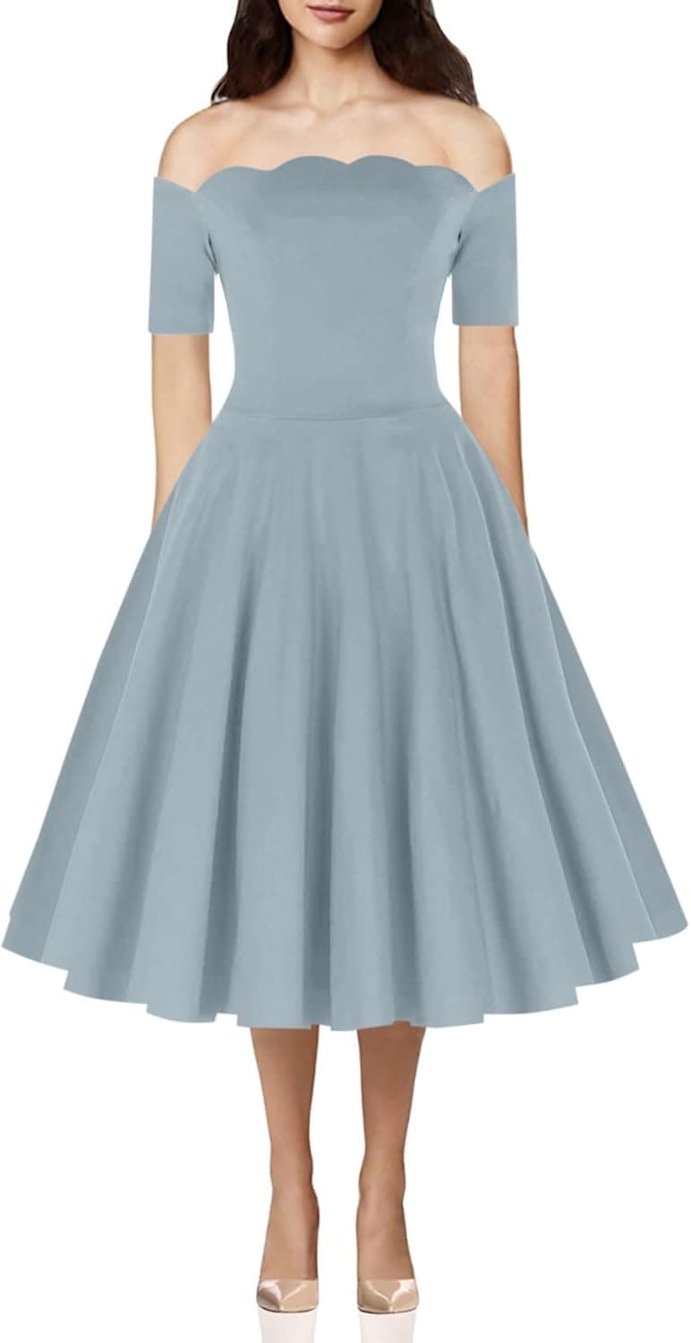 Womens Vintage Cocktail Party Dress 1950s Swing Off Shoulder A-Line Casual Dress