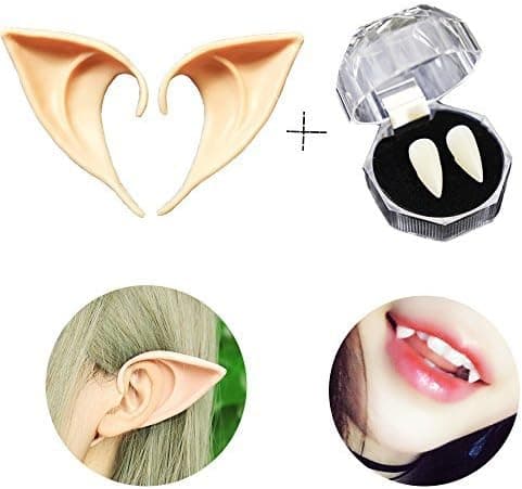 Vampire Teeth + Pixie Elf Ears Halloween Party Cosplay Prop Decoration Horror Fake Tooth Prosthetic Tips Ear Pack of 2