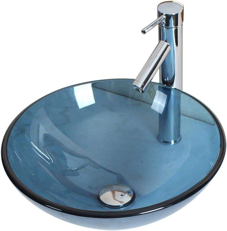 Elite Bathroom Clear Blue Color Glass Vessel Sink & Chrome Single Lever Faucet Combo & Chrome Pop Up Drain Mounting Ring