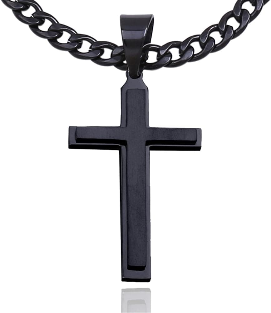 Double Rainbow Jewelry C08B-P32B Men Stainless Steel Black Cross Pendant Cuban Necklace Chain Link