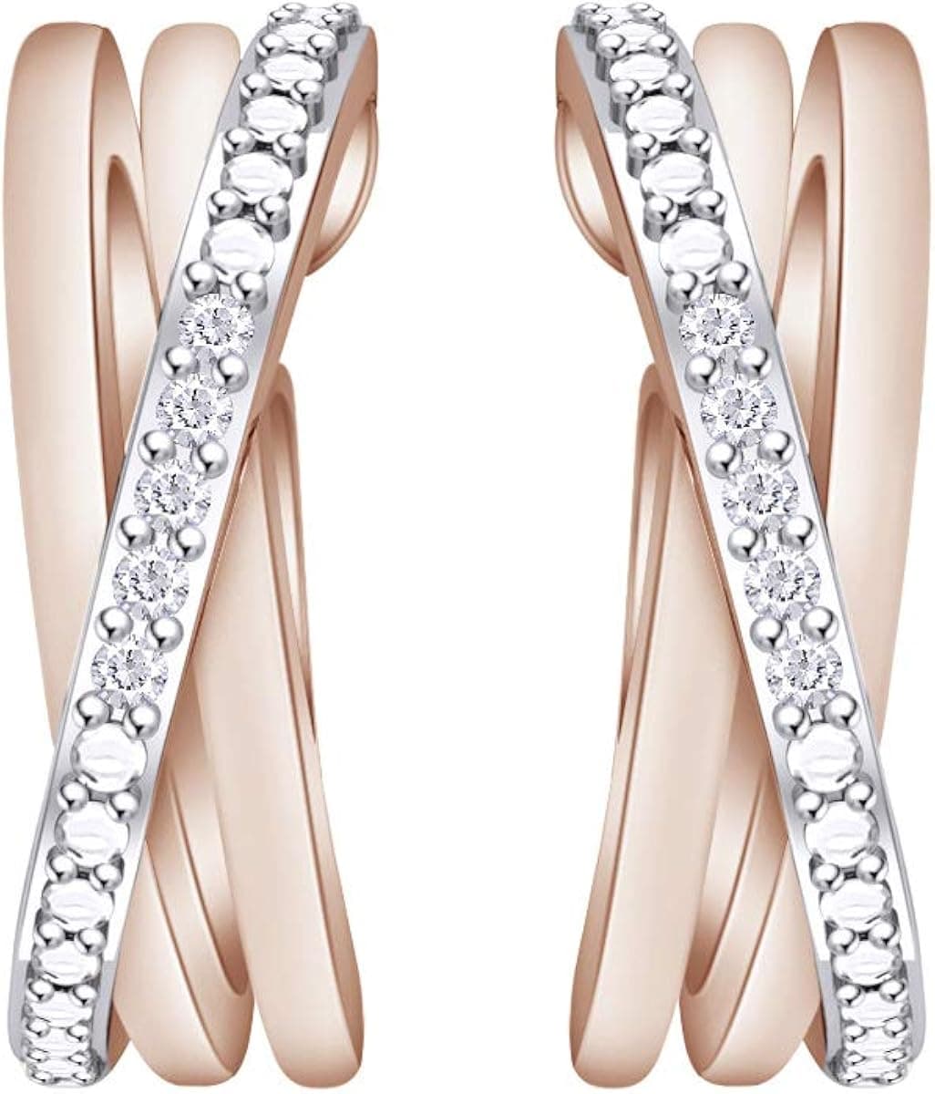 Samaira Jewelry Natural Diamond Criss-Cross Hoop Earrings in 14K Gold Plated 925 Sterling Silver (0.04 cttw, I2-I3 Clarity, I-J Color)