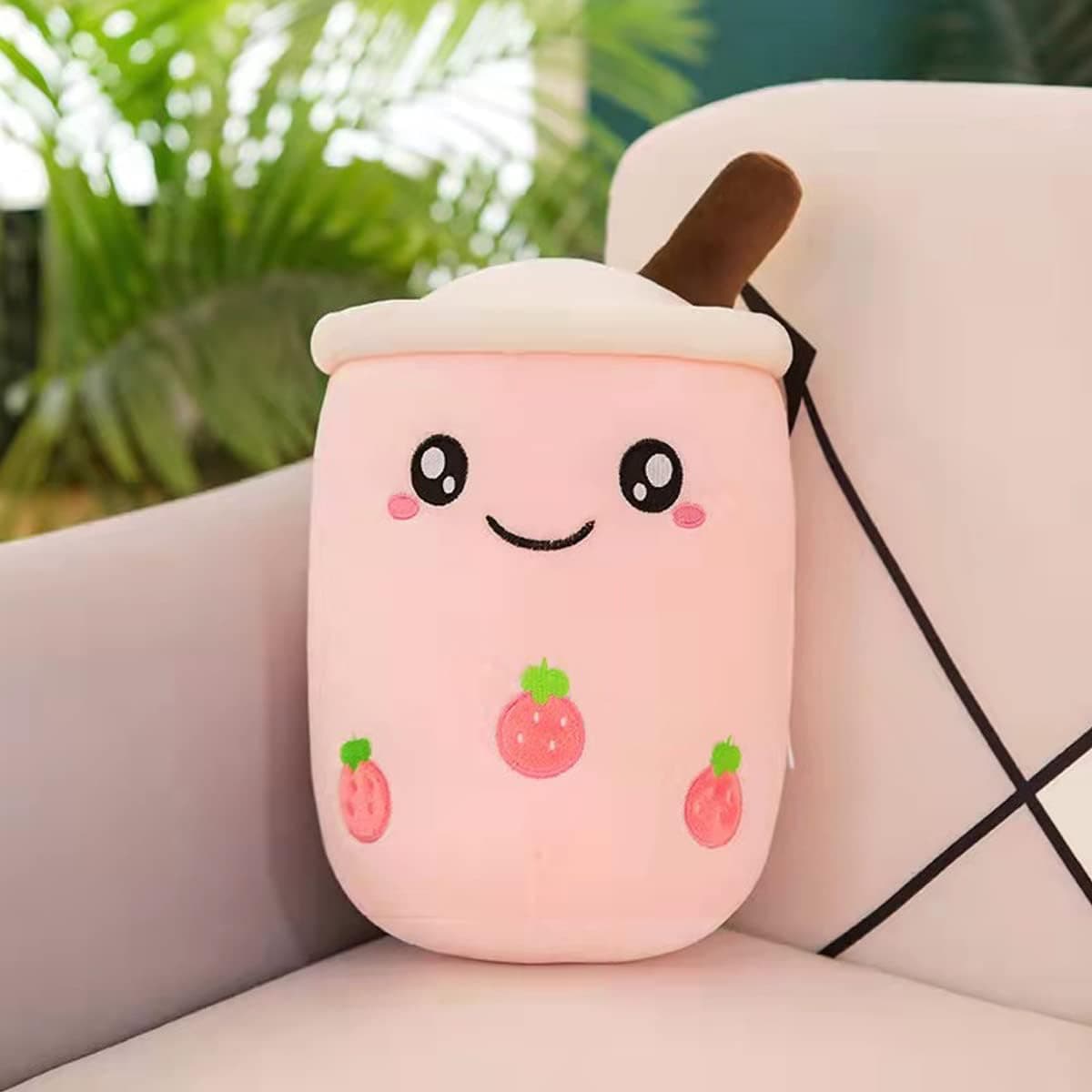 Boba Plushies Stuffed Squishy Bubble Tea Plush Toy Pillow with Triangle Eyes, Cute Milk Tea Plushie Adorable Cuddle Cushion Food Toy for Baby Kids Toddler Boys Girls Adults