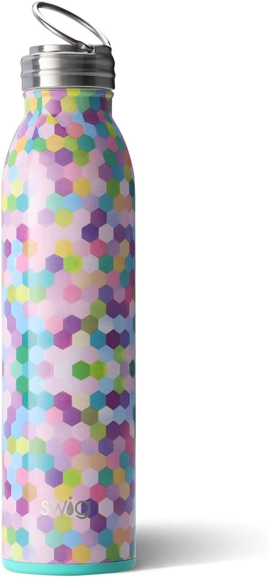 Swig Life 20oz Triple Insulated Stainless Steel Water Bottle with Ring Flip Handle, Dishwasher Safe, Double Wall, Vacuum Sealed Reusable Water Tumbler in Confetti Party (Multiple Patterns Available)