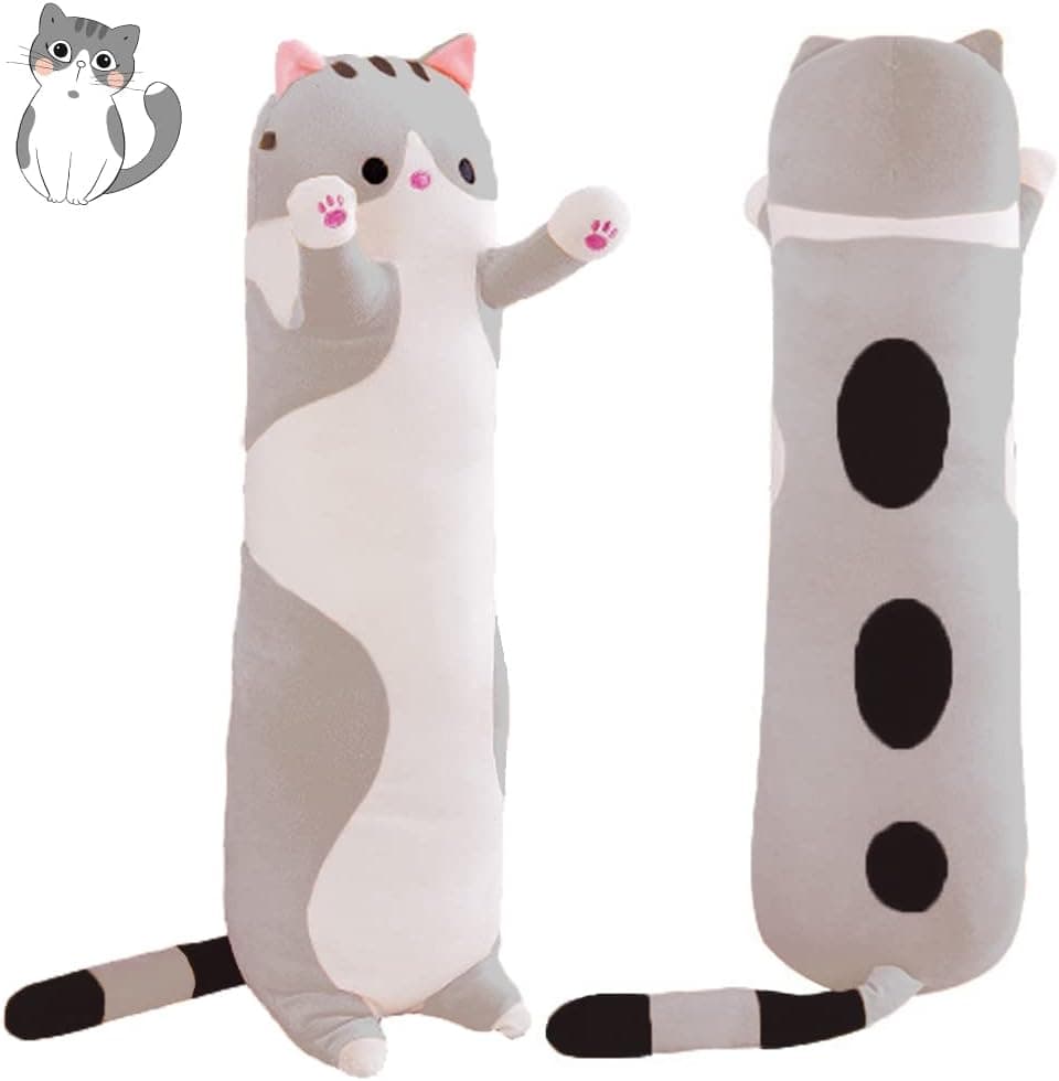 SNOWOLF Cartoon Cat Soft Plush Long Throw Pillow Lifelike Animal Pillows Plush Toy (Gray, 90cm/35.43Inch)