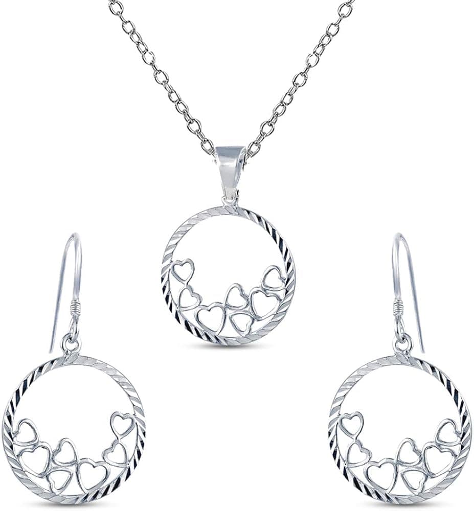 Charmsy Sterling Silver Jewelry Diamond-cut Multi Heart Disc Charm Pendant Earring Set for Teens Women
