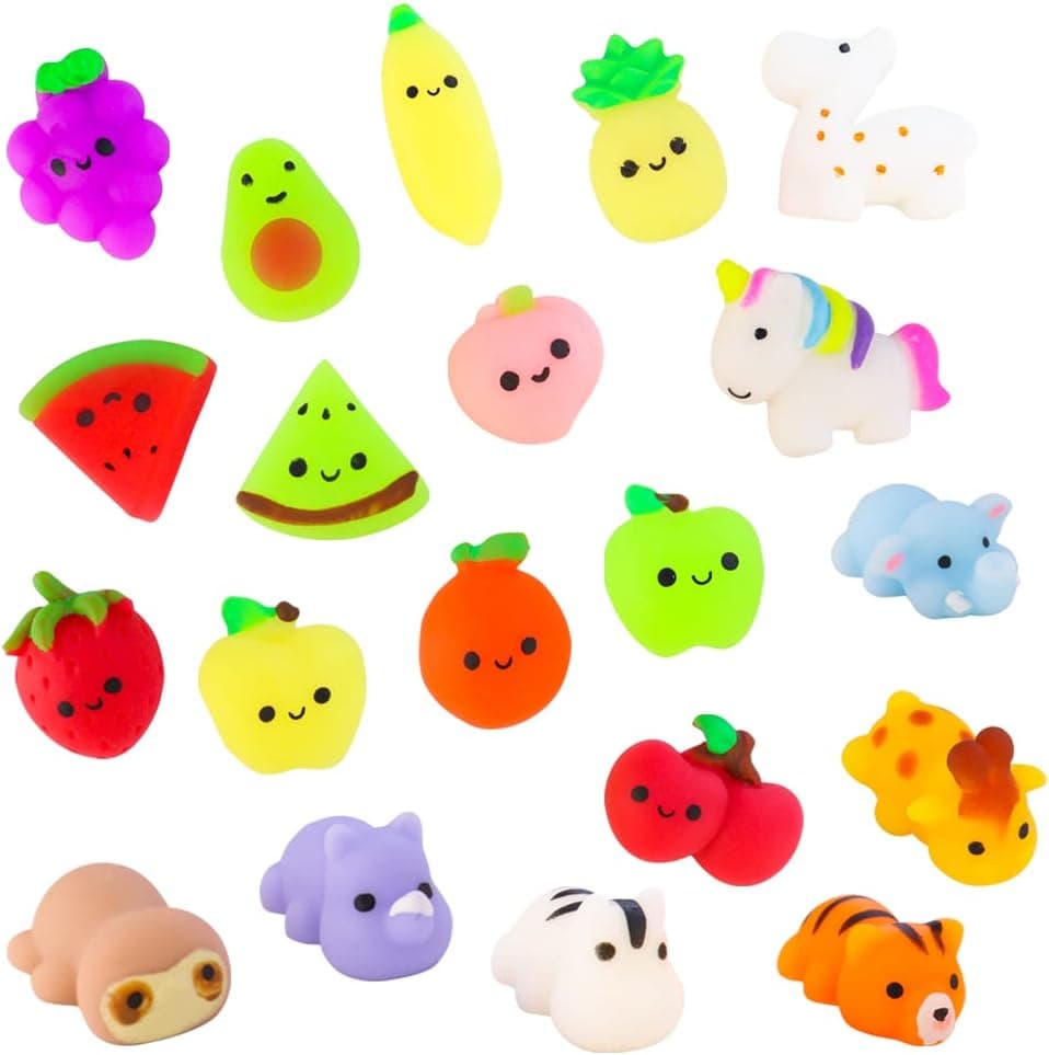 TCOTBE 20 Pieces Squishies Mochi Stress Relief Toys Squishy Toys Squishy Toys Kawaii Mochi Squeeze Toys Random Animals and Fruits Shape Mini Squish Toys Party Favors for Girls Boys Adults