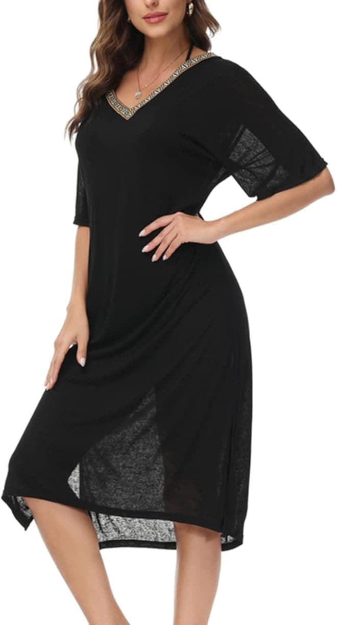 Kate Kasin Women Pullover V Neck Beach Cover Up Short Batwing Sleeve Bikini Swimsuit Cover Up Dress