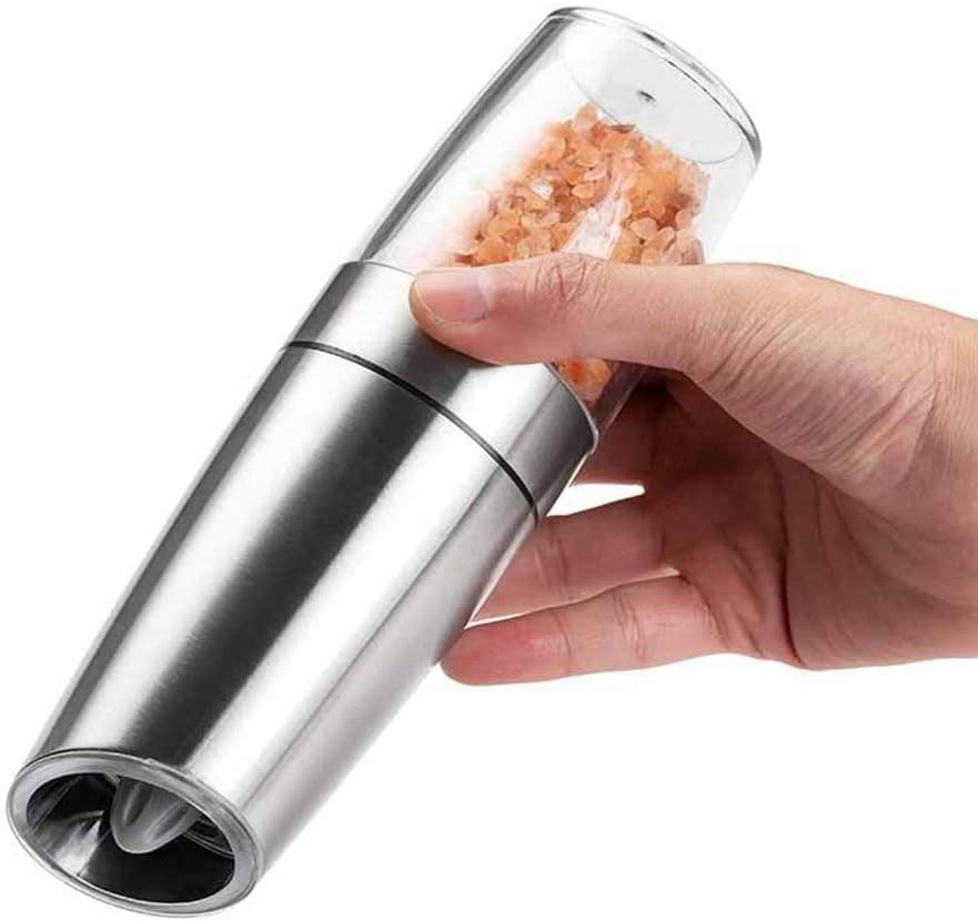Electric Pepper Grinder Salt Mill Gravity Control Shaker Automatic Operated Battery Powered Large Capacity Transparent Lid Adjustable Coarseness with Led Light (1Silver)