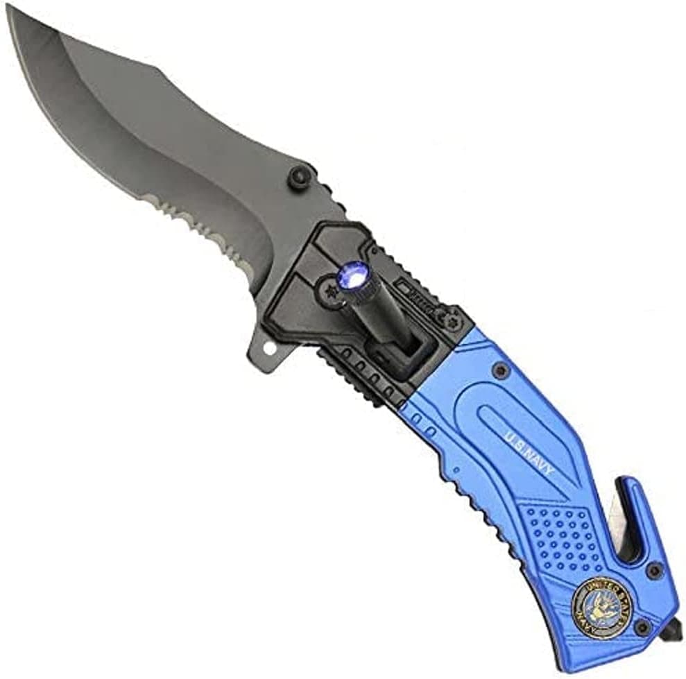 Rogue River Tactical 5-in-1 Multitool Pocket Rescue Combat Knife with Line Cutter, Belt Clip, LED Flashlight Light, Belt Cutter and Window Breaker USN United States Navy Multi Tool Spring Assisted …