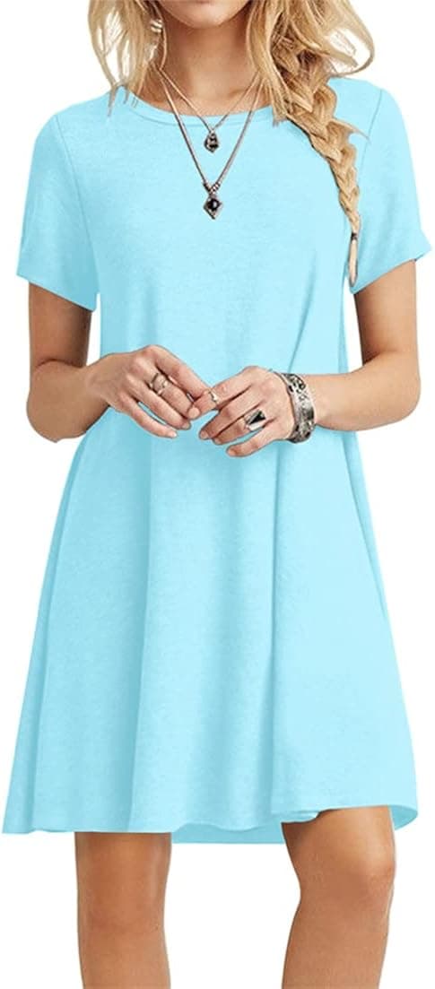 POPYOUNG Women's 2023 Summer Casual T-Shirt Dress Short Sleeves Swing Boho Beach Cover up