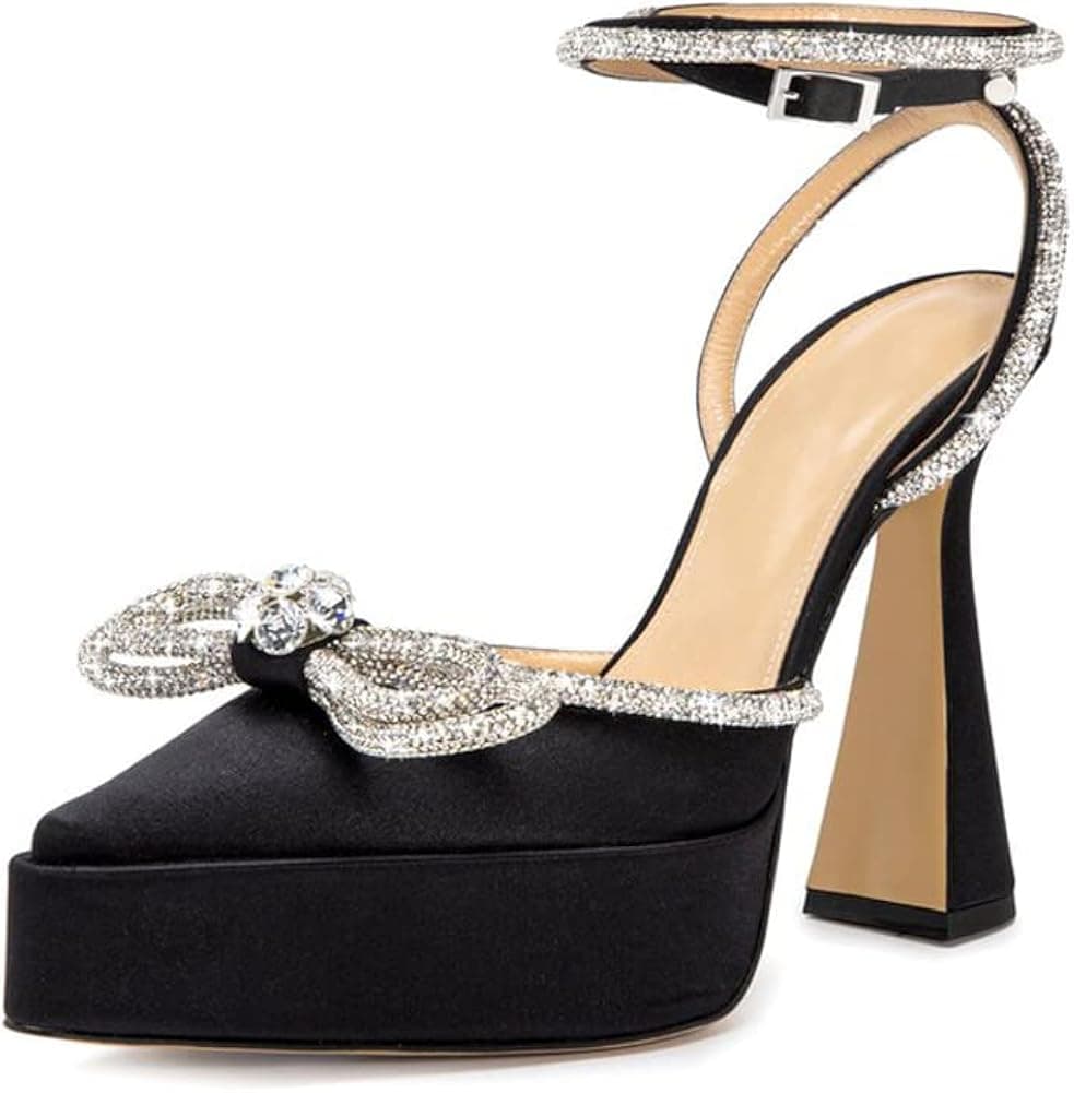 Arqa Women's Rhinestone Bow Platforms,Diamond Ankle Strap Pumps Chunky Heel Wedding Slingback Pump