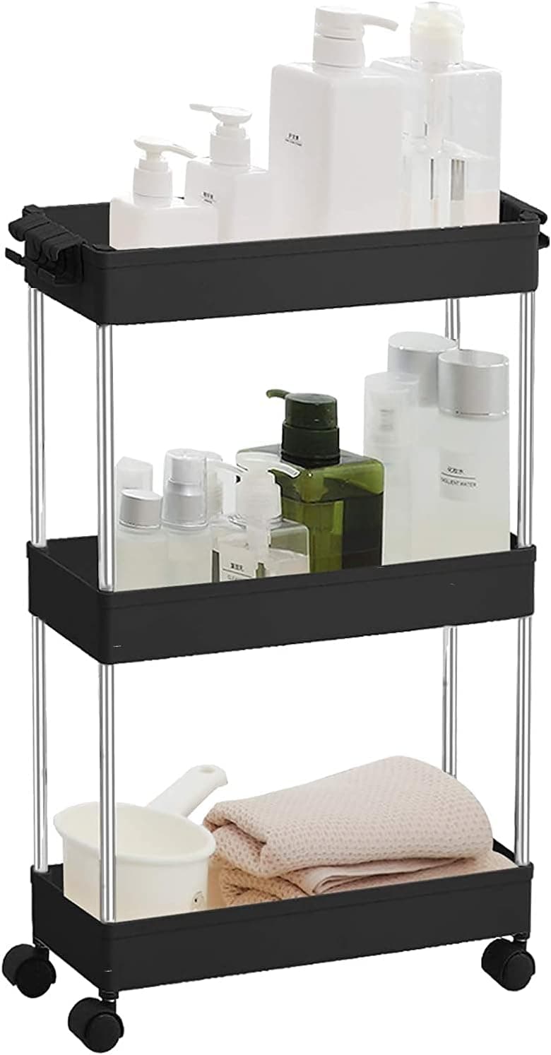 ArderLive 3 Tier Slim Storage Cart,Storage Racks with Wheels Rolling Storage Cart Mobile Shelving Unit Organizer Slide Out for Bedrooms,Kitchen,Narrow Places (Black, Slim,3Tier)