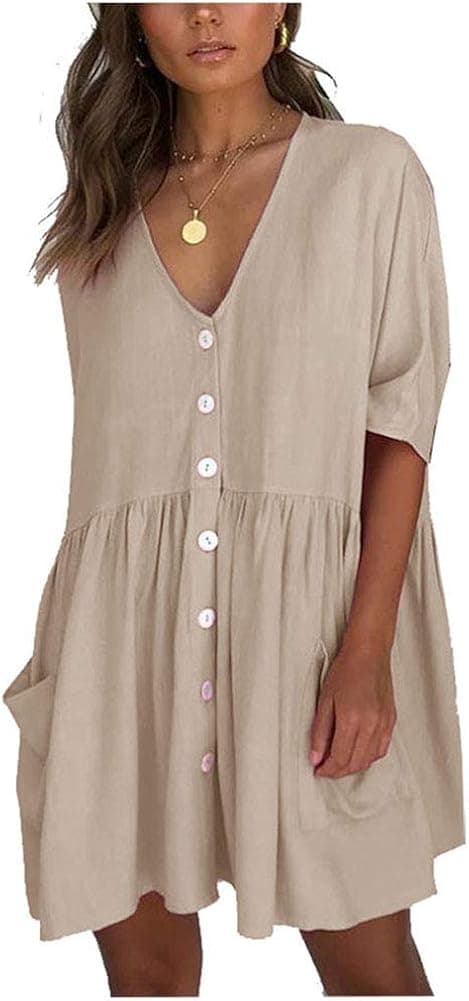 Women's Casual Loose Shirt Dress, Front ButtonsV Collar Blouse Tops with Pockets Beige