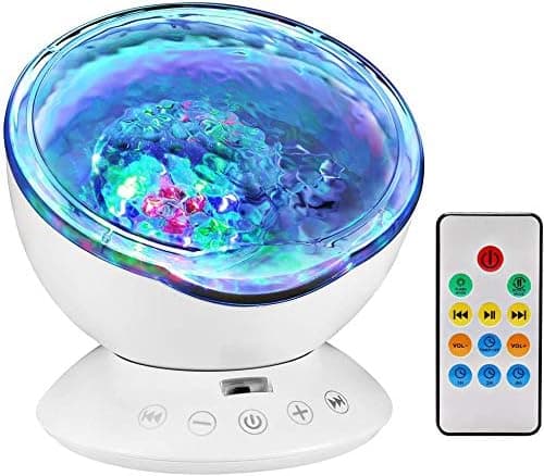 Ohuhu Remote Control Ocean Wave Night Light Projector, Projection lamp Rotation Northern Light Projector Mood Light, Upgraded 12 LED 7 Colors with Built-in Speaker for Baby Nursery, Adults and Kids