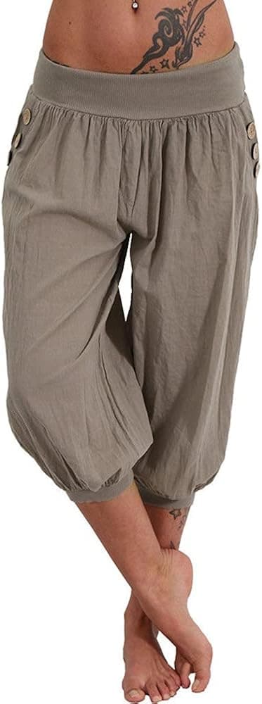 Veatzaer Women's Elastic Waist 3/4 Capri Harem Pants with Pockets Casual Loose Solid Yoga Trousers S-XXL