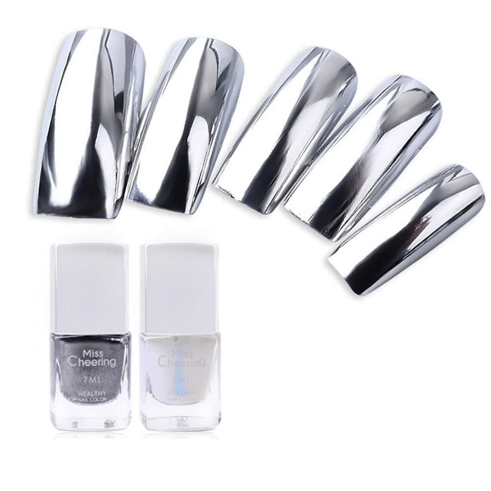 Lookathot Silver Metallic Mirror Effect Nail Polish with Nail Base Coat 7ML/0.25Fl Oz