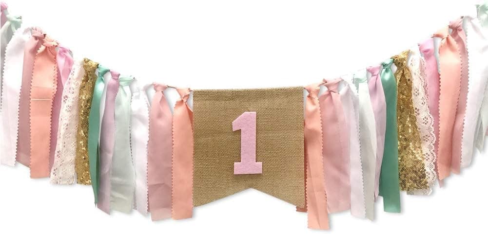 WINGOFFLY First Birthday Burlap Highchair Banner Bunting 1st Happy Birthday Party Decorations Set for Baby, Pink Green