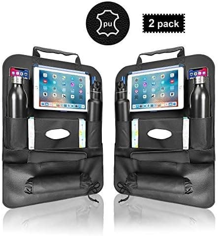 ZODDOS Car Backseat Organizer and Bag Holder with 8 Pockets for Ipads and Tablets. Premium Waterproof PU Leather Road Trip Essentials, Black Pack of 2