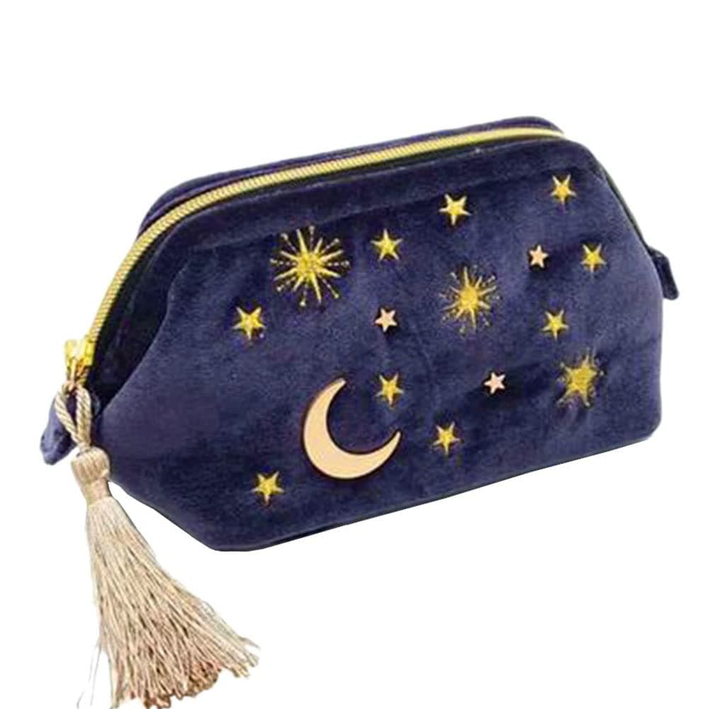 HOYOFO Velvet Makeup Bag for Women Girls,Travel Cosmetic Bag with Embroidered Moon Stars Sun,Starry Blue Makeup Pouch with Tassels & Pearl Zippers,Beauty Storage Bag Clutch Handbag,Small