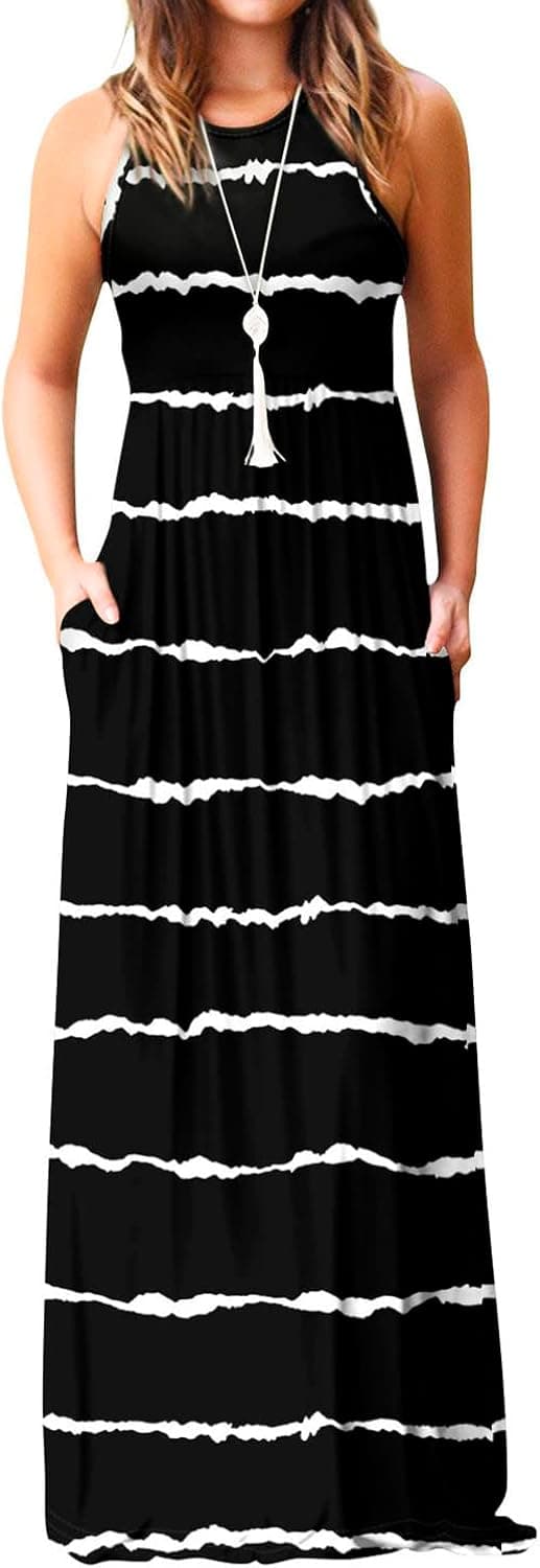 EUOVMY Women's Sleeveless Dress Casual Plain Loose Summer Long Maxi Dresses with Pockets