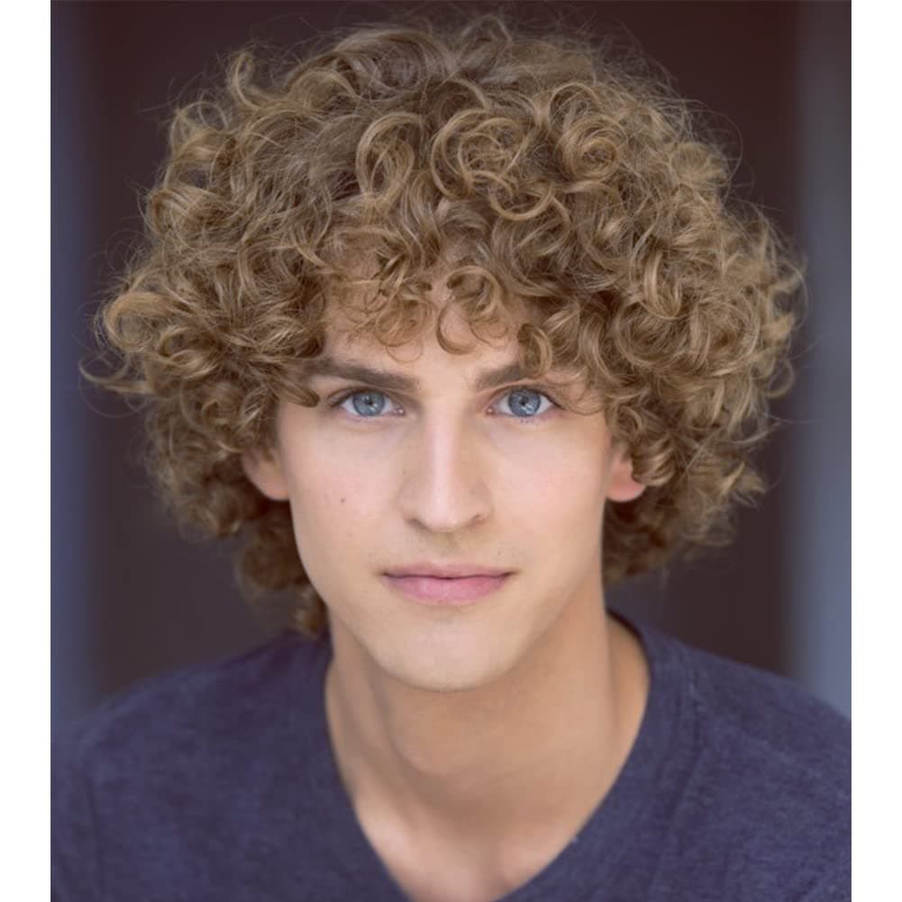 Dai Cloud Mens Light Brown Curly Wig Short Fluffy Brown Rocker Wigs Synthetic Halloween Cosplay Costume Hair Wigs For Male Guys (Light Brwon)