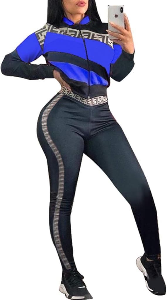 IyMo Womens 2 Piece Outfits - Club Jumpsuit Colorblock Jackets and Bodycon Long Pants Tracksuit Blue