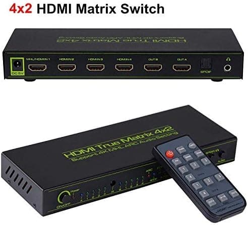 avedio links 4x2 HDMI Matrix Switch V1.4,HDMI Switcher/Splitter 4 in 2 Out with Optical & L/R Audio Output- Support 4K,3D 1080p,ARC,PIP - Includes 17keys IR Remote Control & Power Adapter