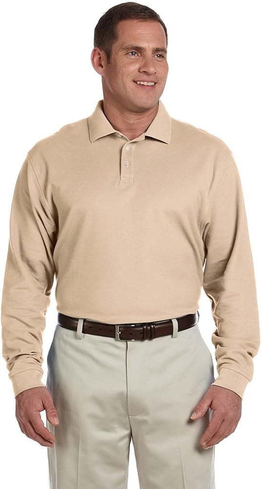 Devon & Jones Men's Pima Piqué Long-Sleeve Polo, Large, STONE