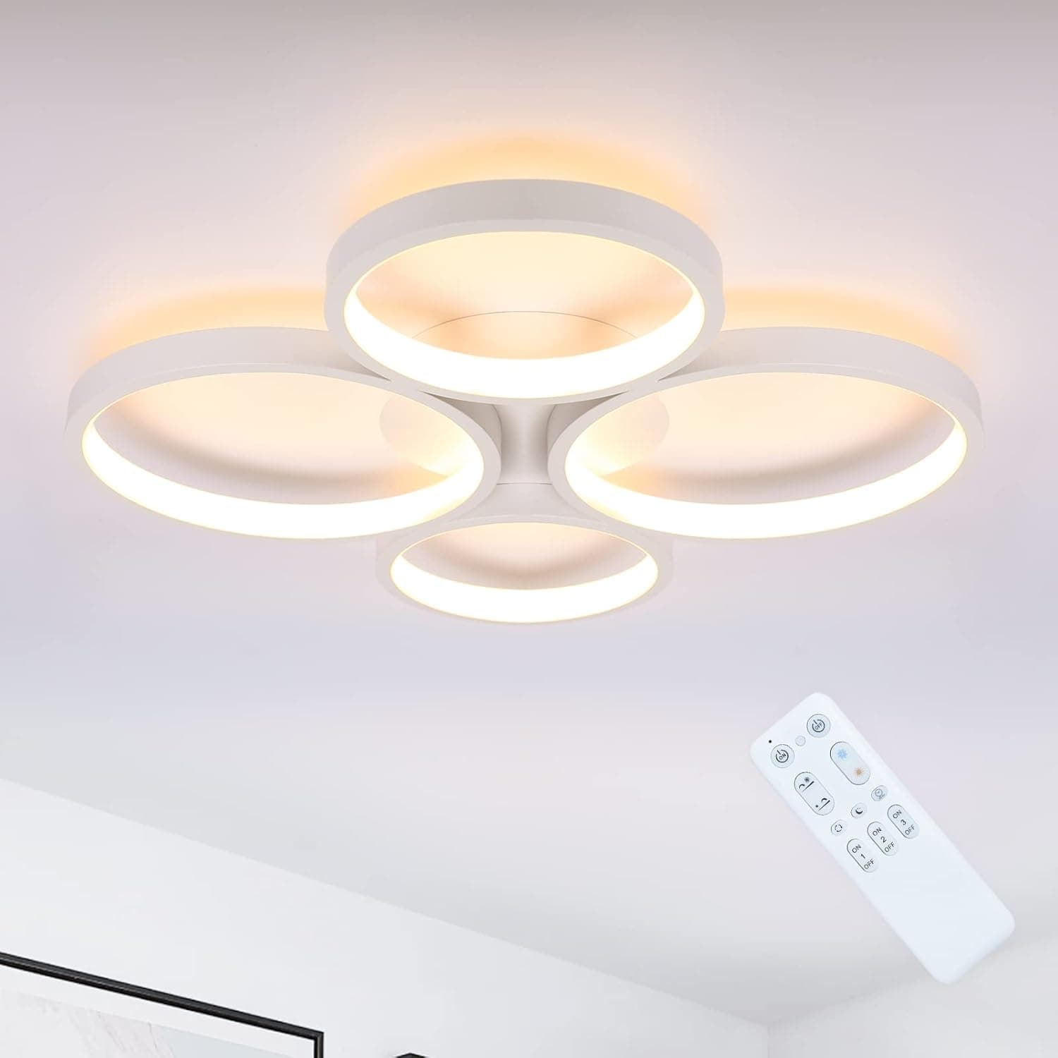 HOMODEN 42W LED Ceiling Light Fixture Dimmable,Flush Mount Ceiling Light with 4 Rings,2700K-6000K/15.75inch/White/Memory Function,Decorative Ceiling Lamp for Bedroom, Living Room,Dining Room