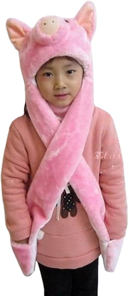 TONWHAR Cartoon Animal Hood Hoodie Hat with Attached Scarf and Mittens