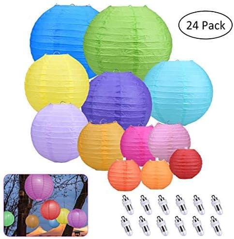 YoungRich 12 Pcs Colorful Paper Lantern Decorative Round Ball Decoration Accessories Painting Lantern 12 Pcs LED Bulb Warm White for Party Wedding Celebration Festival DIY 25/20/15/10cm Diameter