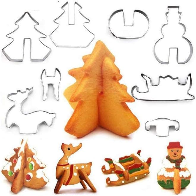 8Pcs 3D Stereo Christmas Cookie Cutters Set with Box Stainless Steel Christmas Tree Elk Sleigh Snowman Cutting Mold Cookie Baking Tool for Christmas Party Supplies