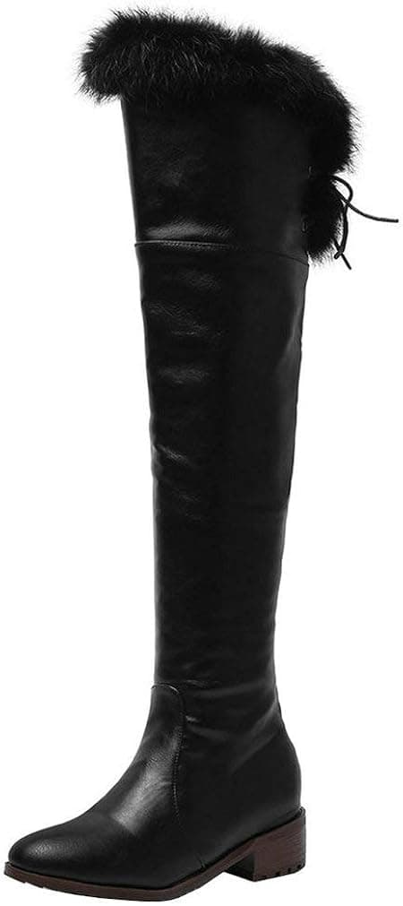 KOKOMOMO Womens Fur Lined Thigh High Low Heel Winter Over The Knee Boots