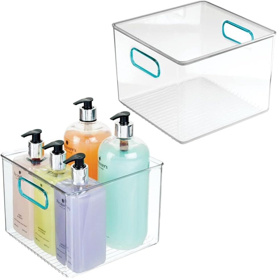 mDesign Plastic Storage Bin with Handles for Organizing Hand Soaps, Body Wash, Shampoos, Lotion, Conditioners, Hand Towels, Hair Accessories, Body Spray, Mouthwash - 8" Square, 2 Pack - Clear/Blue