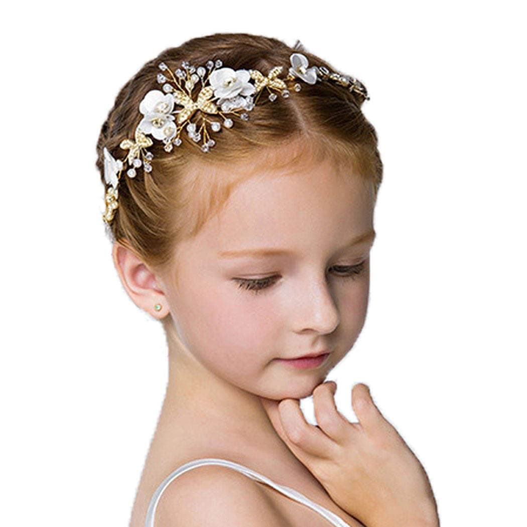 Campsis Flower Girl Headpiece Wedding Head Piece Crystal Pearl Hair Headband First Communion Accessories Tiara for Girls(Gold)