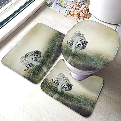 Pooizsdzzz Bath Mat Nature Wild Animal Safari White Tiger Near Grass Lake in Forest Bathroom Mat Set 3 Pieces Rug Toilet Seat Lid Cover Non Slip Mat Anti-Skid Pad Green