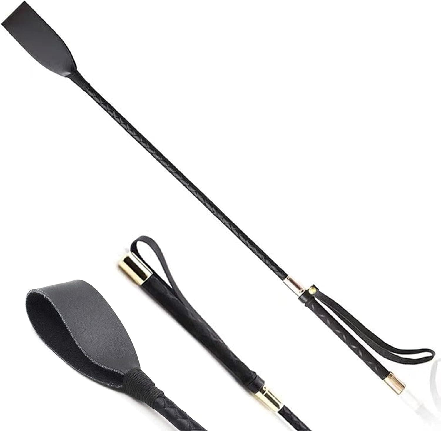 WUMUGE 18 Inch Horse Whip Premium Genuine Leather Black Whip with Double Slapper for Equestrian Training