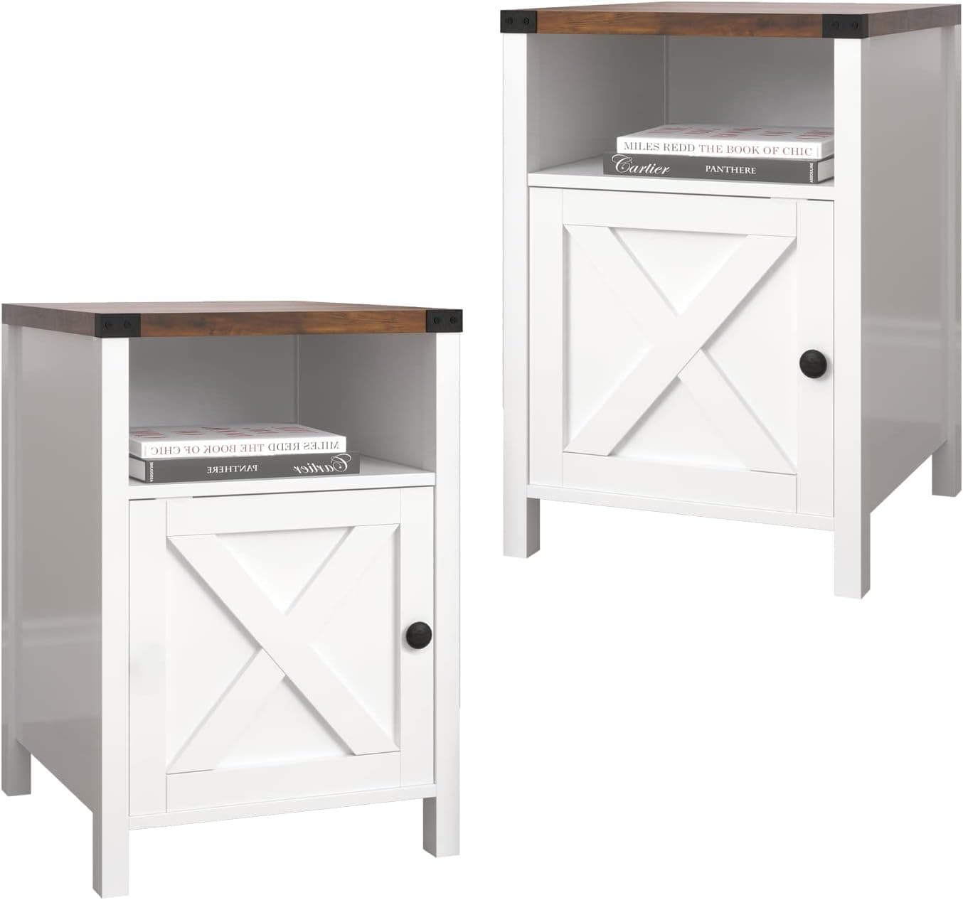 4ever2buy Farmhouse Nightstand Set of 2, White Nightstand Table Side Table with Barn Door and Storage Shelf, Rustic Nightstand Set Bedside Tables for Bedroom Living Room Office