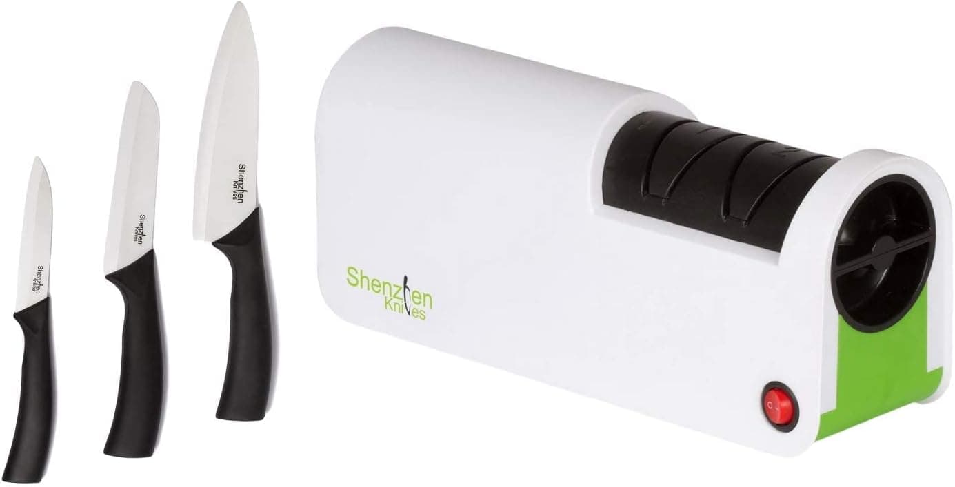 Shenzhen Knives Kitchen Bundle: 3-piece Ceramic Knife Set (6.5” Chef’s Knife, 5” Slicing Knife, 4” Paring Knife) AND Electric Diamond Knife Sharpener Tool for Ceramic and Stainless Steel Knives